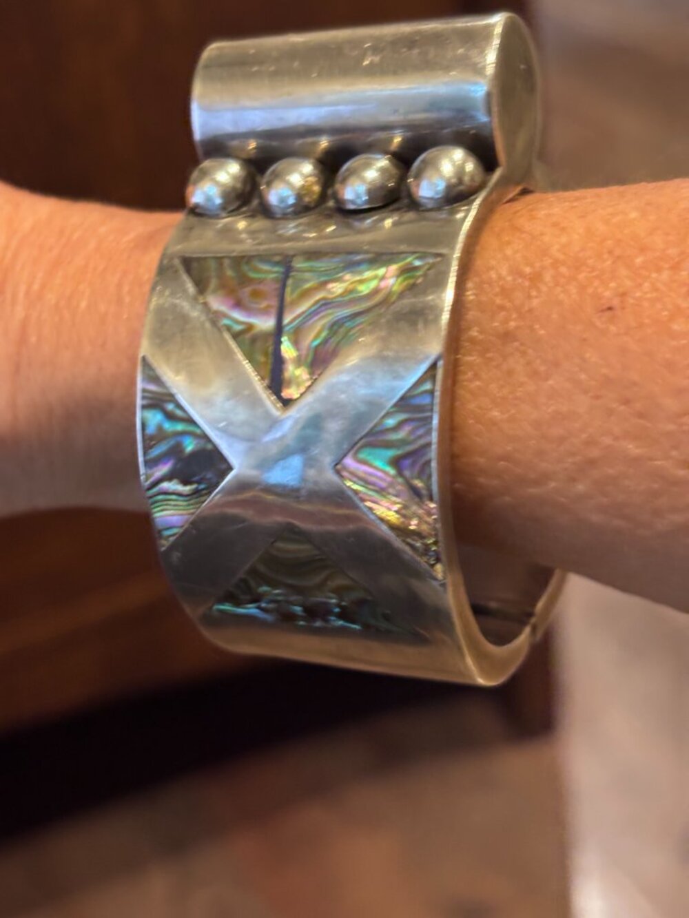 Vintage Taxco Mexican Sterling Silver Abalone Hinged Bangle Cuff
